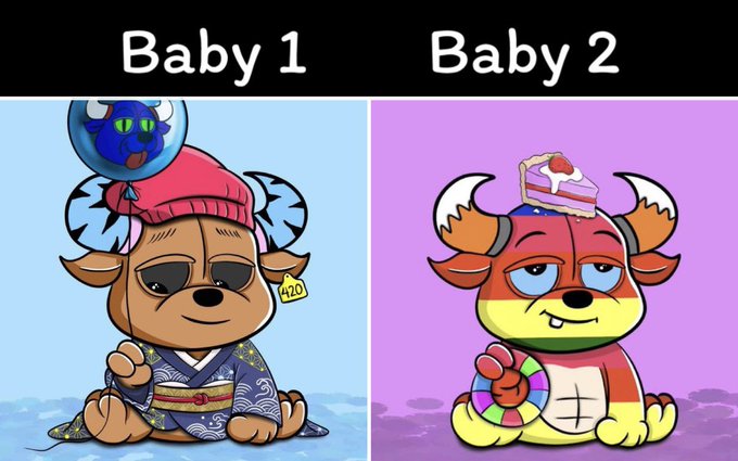The image features two cartoon-style illustrations labeled "Baby 1" and "Baby 2," with Baby 1 depicted as a dog wearing a traditional kimono and beanie with "420" on its ear tag, while Baby 2 is a horned character holding a colorful ring with a slice of cake on its head. The accompanying post encourages voting for Baby 2 to support @CherieOnChain, framing the second character as the preferred choice in this character selection contest.