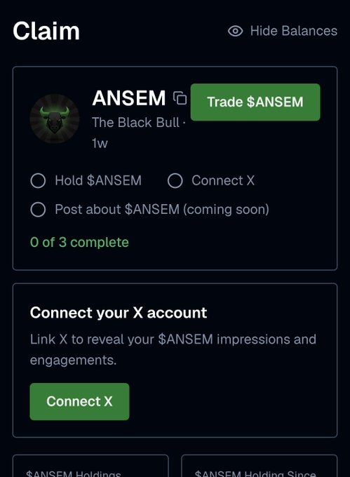 The image shows a "Claim" page for the $ANSEM token on what appears to be BullpenFi, displaying 0 of 3 tasks completed (Hold $ANSEM, Connect X, Post about $ANSEM) along with a prompt to connect an X account. This relates to the user's complaint about the platform being unresponsive ("또 먹통이네요" means "it's down again") while trying to complete these claim requirements for $ANSEM.