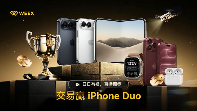 A promotional advertisement from WEEX exchange in Chinese, featuring iPhones, an Apple Watch, AirPods, and gold coins on a pedestal, with text '交易赢 iPhone Duo' (Trade to win iPhone Duo) and '日日有禮，直播開獎' (Daily gifts, live drawing).