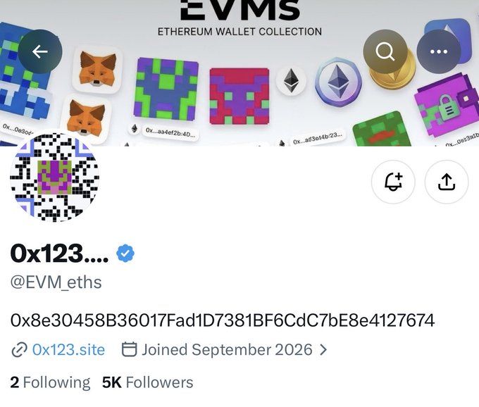 A Twitter/X profile page for "@EVM_eths" with the wallet address "0x8e30458B36017Fad1D7381BF6CdC7bE8e4127674" is shown, displaying 5K followers and a September 2026 join date. The banner showcases pixel-art NFT designs (foxes, geometric patterns) for what appears to be the EVM Ethereum Wallet Collection, matching the post's reference to a free mint of pixel-art NFTs on ETH with a 10,000 supply.