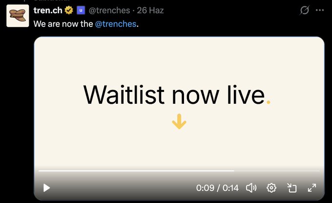 This image shows a Twitter post from "tren.ch" announcing "Waitlist now live." This relates to the accompanying post by confirming the waitlist is active for the described Solana project.
