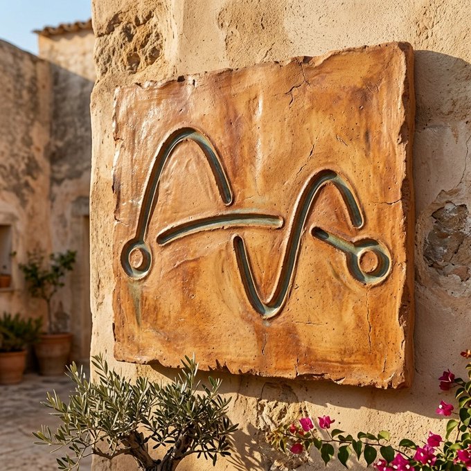 A weathered stone relief of an abstract face, weathered by Mediterranean sun, hangs on a rustic ochre wall framed by olive branches and bougainvillea. The aged, textured surface mirrors the post's theme of timeless "texture" giving way to forward-looking AI innovation—evoking how decentralized AI and agent-driven creativity can carve new meaning onto ancient foundations of the creator economy.