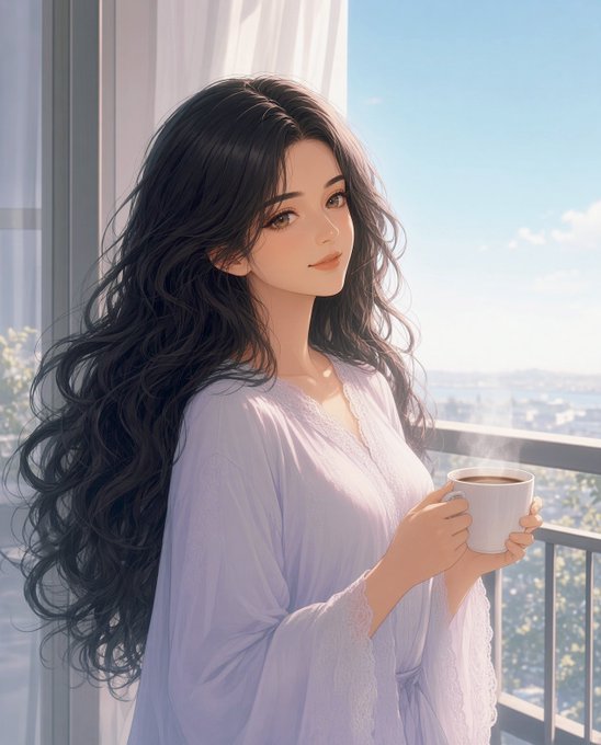 Anime-style illustration of a young woman with long wavy black hair wearing a light purple robe, holding a steaming mug of coffee on a balcony overlooking a city.