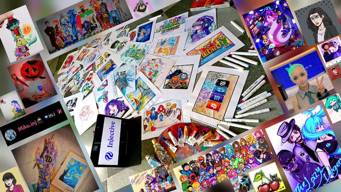 A collage of various artworks, illustrations, and photos spread out on a surface, featuring an 'Injective' branded deck box and a TikTok reference.