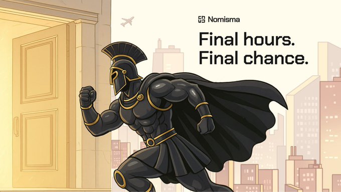 A graphic for 'Nomisma' features a muscular, armored Spartan-like warrior with the promotional text 'Final hours. Final chance.'