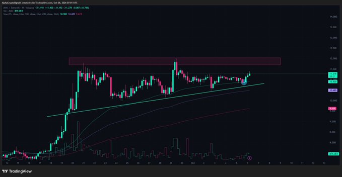 This is a TradingView 4-hour candlestick chart for $AVAX showing price action at $11.48, with a green trendline support holding beneath the price and a horizontal red resistance zone marked overhead near the $12 level, visually confirming the post's analysis of $AVAX holding trendline support while approaching key resistance.