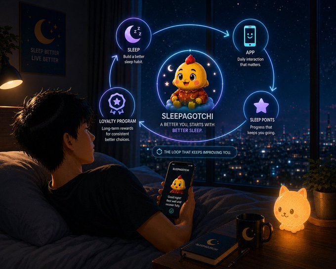 A young man lies in bed at night using his smartphone, surrounded by a night city skyline, with a 'SLEEPAGOTCHI' infographic showing its sleep-app-loyalty-sleep points loop and tagline 'THE LOOP THAT KEEPS IMPROVING YOU.'