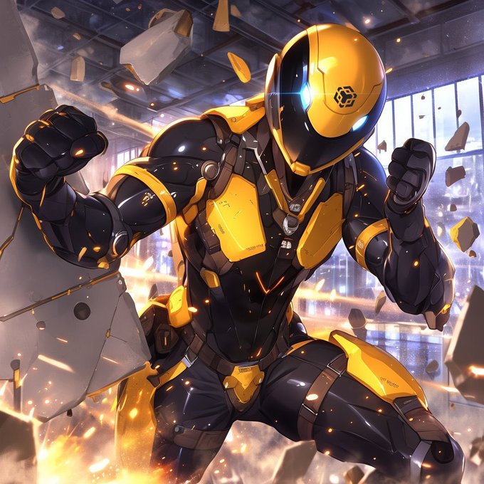 A digital illustration of a futuristic yellow and black armored robot or mecha-suit in a fighting stance, surrounded by flying debris and sparks in an industrial setting.