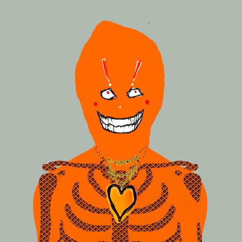 A digital drawing of an orange, skeletal humanoid figure with a wide, toothy grin, small red eyes, red dots on its cheeks, and a gold heart-shaped pendant necklace.