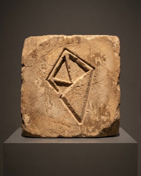A weathered, cracked stone block with a geometric design carved into its center is displayed on a dark gray museum pedestal.