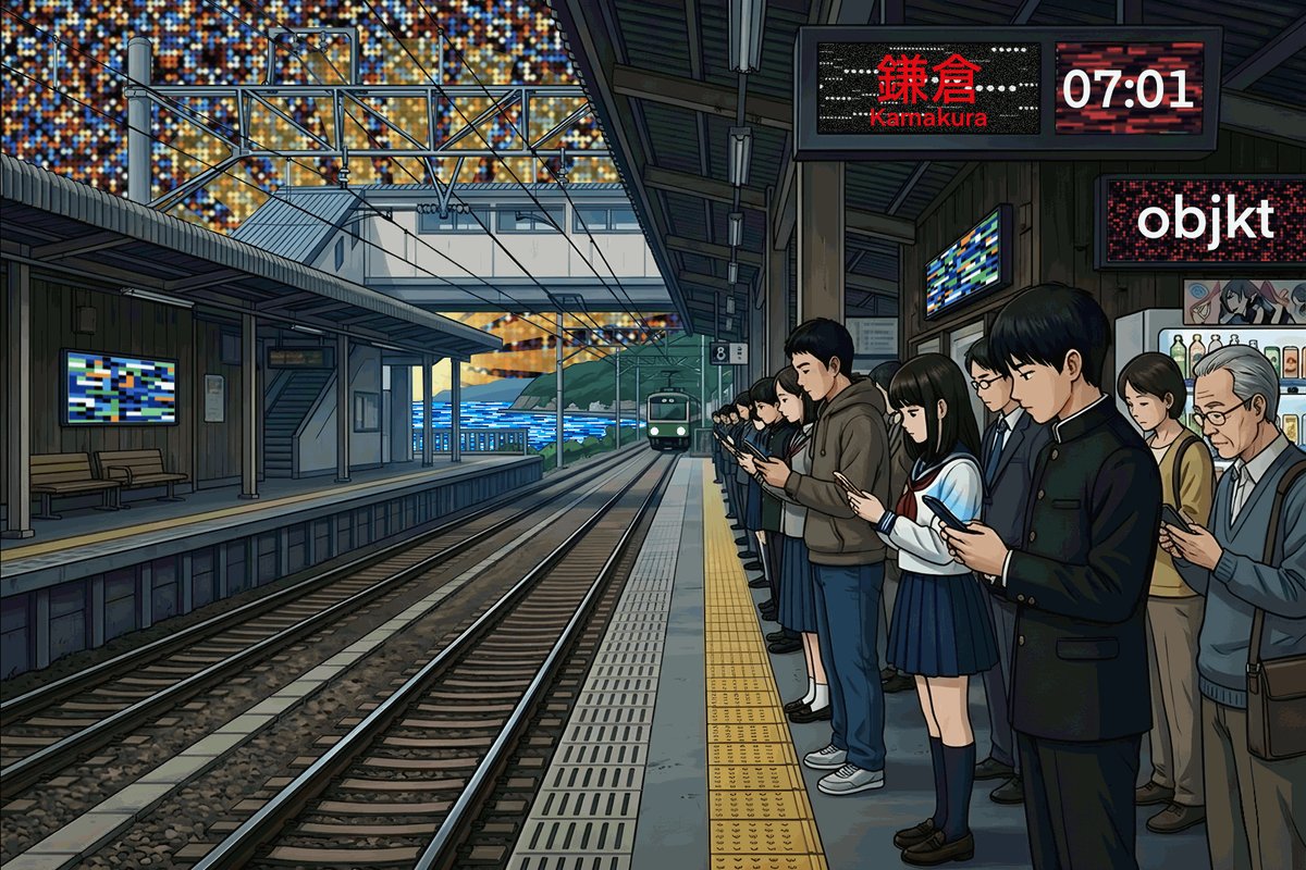 The image shows a group of people waiting at a train station, with some of them using their cell phones while others are looking at a clock or a sign. The scene captures the essence of modern life where technology plays an essential role even during daily activities like commuting. The post is about sharing experiences and connecting with other users on social media platforms.