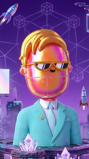 A stylized, glossy 3D character with blonde hair, sunglasses, and a teal blazer stands confidently amid floating rockets, crystals, and tech-inspired geometric patterns against a vibrant purple background. The image's futuristic, ambitious aesthetic complements the post's "GM" (Good Morning) and motivational message of seizing new opportunities and continuing to build.