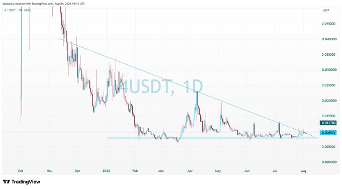 A daily candlestick chart for a cryptocurrency pair (USDT) on TradingView, dated August 04, 2026, showing a descending triangle pattern with a descending trendline and price near 0.00907.