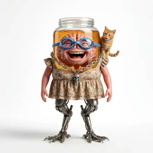 The image features a robot costume designed with a brain, which is part of the ensemble worn by an adult female character named "Brainrot #737". The robot is standing upright with its legs spread apart and has a cat perched on its head.