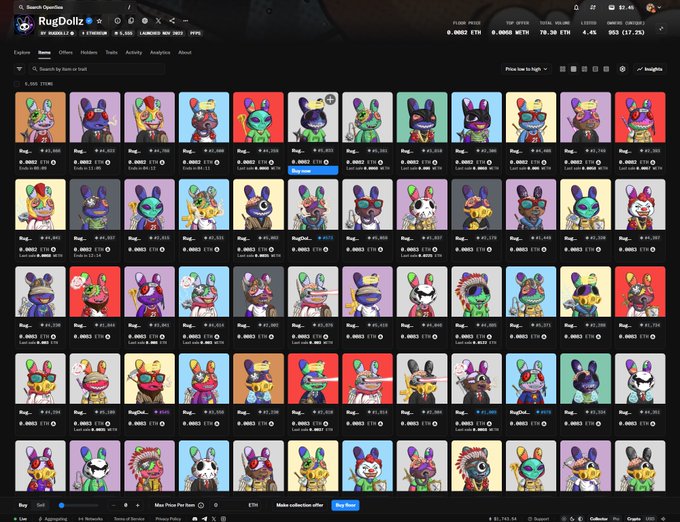 A screenshot of the OpenSea NFT marketplace showing a collection called 'RugDollz,' displaying a grid of various colorful cartoon rabbit characters available for purchase with ETH.