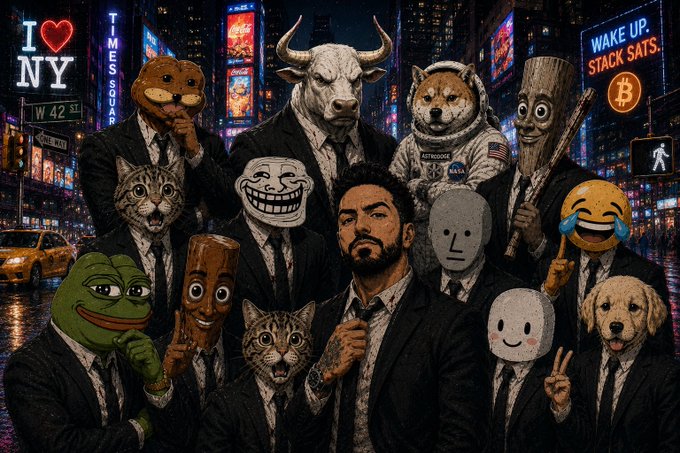 Anime-style illustration showing a central human figure surrounded by memetastic characters including Doge, Pepe, Wojak, and others in suits, with text 'I ❤ NY', 'Times Sugar', and 'WAKE UP. STACK SATS.' on a Times Square backdrop.