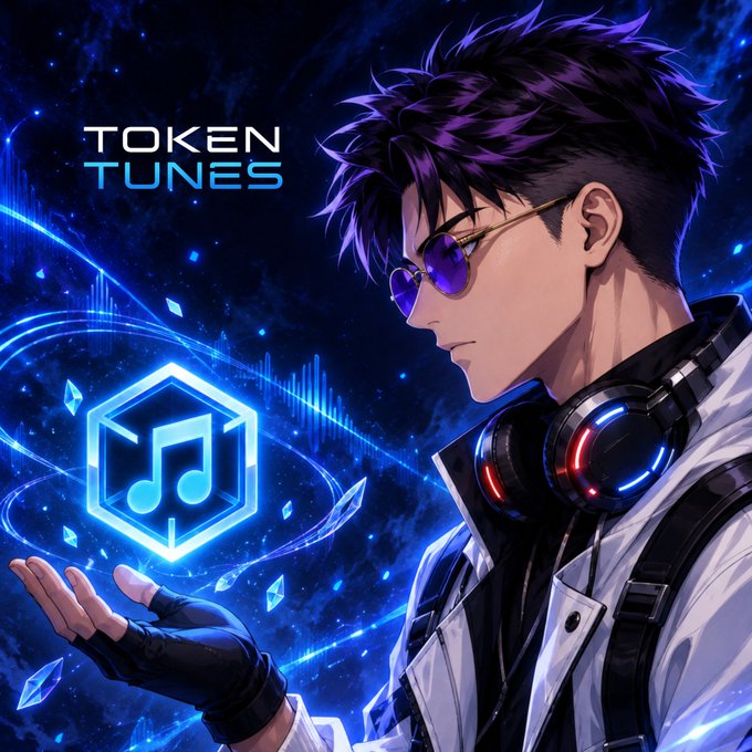 An anime-style illustration features a man with purple hair and sunglasses wearing headphones, with 'TOKEN TUNES' text and a hexagonal music logo on a blue cosmic background.