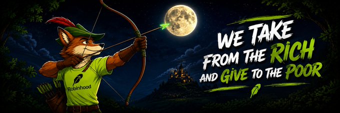 A cartoon fox dressed as Robin Hood (complete with green hat and bow) wearing a "Robinhood" t-shirt aims an arrow at a full moon, alongside the bold tagline "WE TAKE FROM THE RICH AND GIVE TO THE POOR." The image serves as promotional artwork for the Robinhood Meme ($_RobinHoodMeme) token, tying the classic "steal from the rich" motif to the project's branding and contract address.