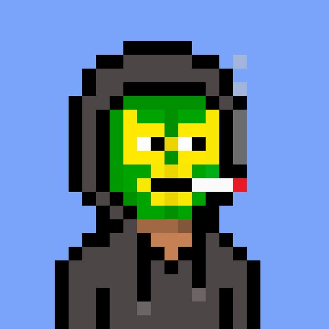 A pixel art character with a green face, black helmet, and cigarette is set against a blue background.