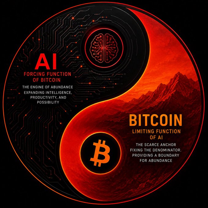The image depicts a yin-yang symbol combining technology and nature, with the dark side featuring a circuit-board pattern, a glowing brain icon, and the text "AI — FORCING FUNCTION OF BITCOIN: THE ENGINE OF ABUNDANCE, EXPANDING INTELLIGENCE, PRODUCTIVITY, AND POSSIBILITY," while the fiery red side displays a mountainous landscape with the text "BITCOIN — LIMITING FUNCTION OF AI: THE SCARCE ANCHOR FIXING THE DENOMINATOR, PROVIDING A BOUNDARY FOR ABUNDANCE." The central Bitcoin "₿" symbol rests at the bottom, visually reinforcing the post's thesis that AI's limitless expansion requires Bitcoin's fixed scarcity to maintain balance.