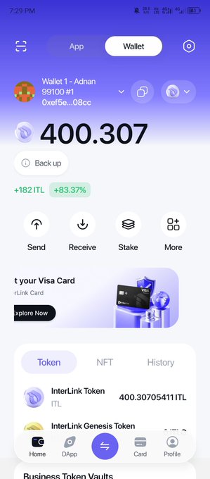 A crypto wallet screenshot displays a balance of 400.307 ITL (InterLink Token) with a +182 ITL (+83.37%) gain, from Wallet 1 - Adnan, supporting a post selling 400 $ITL at a fixed price of $1.5.