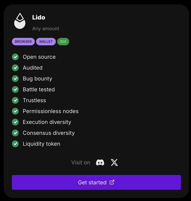 A dark-themed informational card for 'Lido' crypto protocol listing features with green checkmarks including Open source, Audited, Bug bounty, Battle tested, Trustless, Permissionless nodes, Execution diversity, Consensus diversity, and Liquidity token, with a purple 'Get started' button.