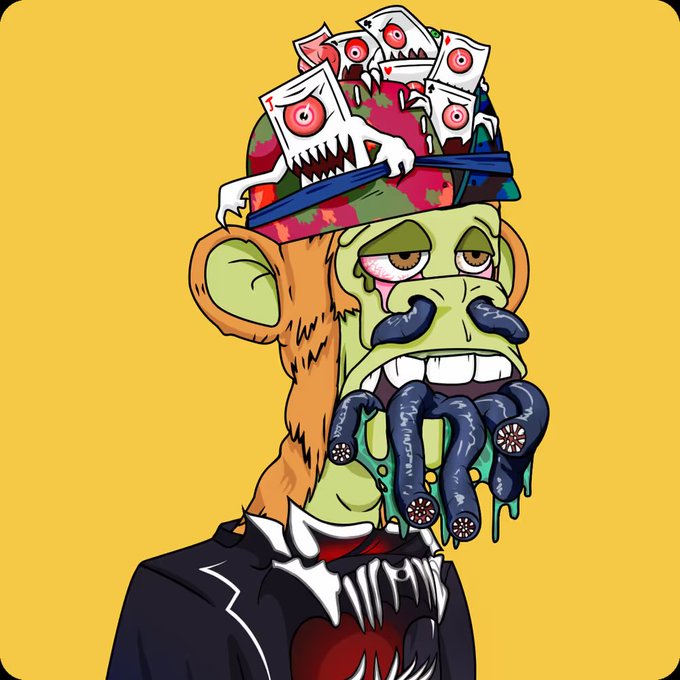 A cartoon illustration of a green zombie-like ape character wearing a black suit, with card-like creatures emerging from its brain and dark tentacles with flower-shaped ends coming from its mouth.
