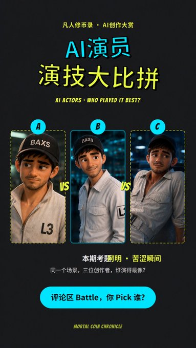 A promotional graphic titled 'AI ACTORS - WHO PLAYED IT BEST?' in Chinese and English, featuring three AI-generated character portraits labeled A, B, and C, with 'BAXS' and 'L3' visible on the characters' clothing.