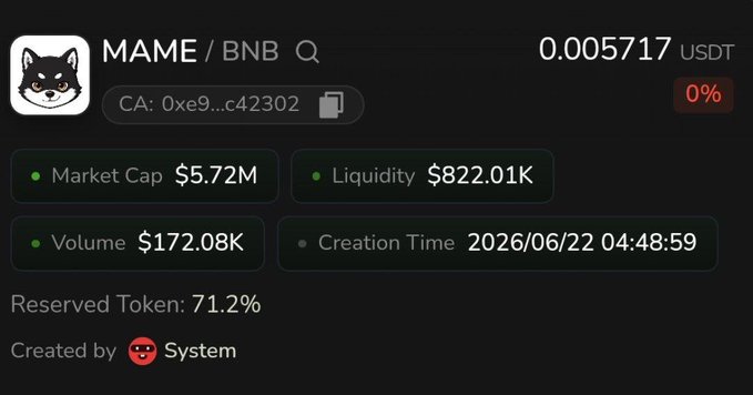 A cryptocurrency information panel for the token MAME on the BNB network, showing a price of 0.005717 USDT, Market Cap of $5.72M, Liquidity of $822.01K, Volume of $172.08K, and a creation date of 2026/06/22.