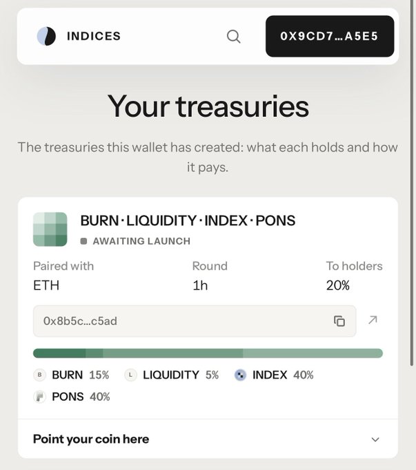 A screenshot of a cryptocurrency wallet interface showing 'Your treasuries' with a token labeled 'BURN · LIQUIDITY · INDEX · PONS', paired with ETH, showing allocations of BURN 15%, LIQUIDITY 5%, INDEX 40%, and PONS 40%, with a wallet address '0x9CD7...A5E5' at the top.