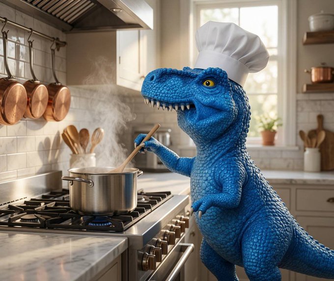 A whimsical digital illustration shows a blue T-Rex wearing a white chef's hat and stirring a steaming pot on a gas stove in a modern kitchen.