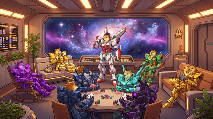An ensemble of Shiba Inus donning colorful mecha armor relax and play poker in a futuristic spaceship lounge with a galaxy view, perfectly capturing the "Doge Squad" assembling, gearing up, and vibing in space.