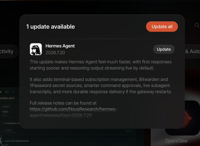 A notification modal in the Umbrel interface shows "1 update available" for Hermes Agent v2026.7.20, with an "Update all" button. The release notes highlight faster first responses, live streaming of reasoning output, and new features like terminal-based subscription management, Bitwarden/1Password secret sources, and improved response durability.