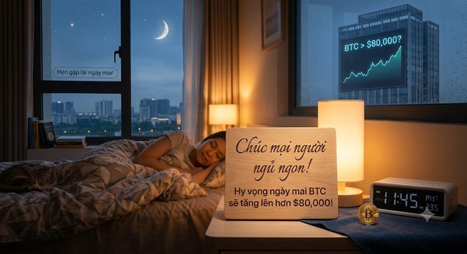 A child sleeps peacefully in bed at night while a wooden sign reads 'Chúc mọi người ngủ ngon! Hy vọng ngày mai BTC sẽ tăng lên hơn $80,000!' with a digital clock showing 11:45 and a Bitcoin graphic displaying 'BTC > $80,000?'.
