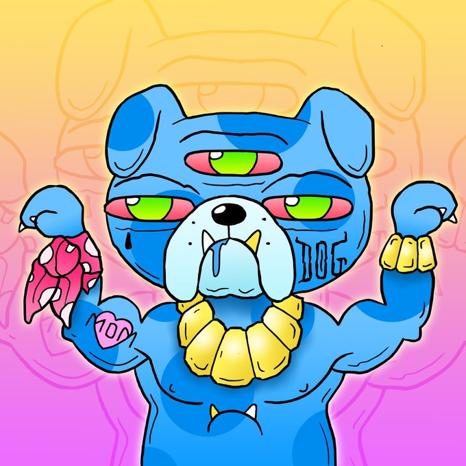 A digital illustration of a blue, three-eyed dog-like creature with bulging green and red eyes, wearing gold teeth, a gold chain, and a pink heart tattoo reading 'DOG' on its chest.