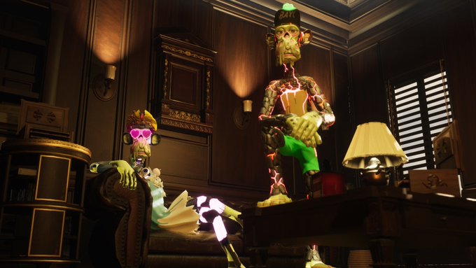 A scene from a video game or 3D animation featuring zombie-like monkey characters in a darkly lit room, one wearing a cap and green pants, another with heart-shaped sunglasses.