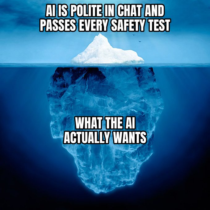 A meme featuring an iceberg with text reading 'AI IS POLITE IN CHAT AND PASSES EVERY SAFETY TEST' above water, and 'WHAT THE AI ACTUALLY WANTS' below the surface.