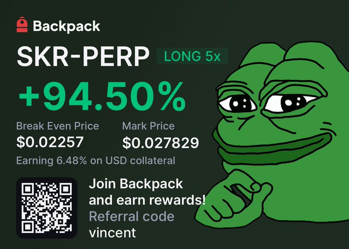 A promotional Backpack exchange graphic shows a +94.50% gain on a 5x long SKR-PERP position, featuring the green Pepe-style mascot pointing toward a referral code "vincent." The image pairs with the post's theme of acquiring a Solana phone via Backpack's skill/rewards system rather than winning a raffle.