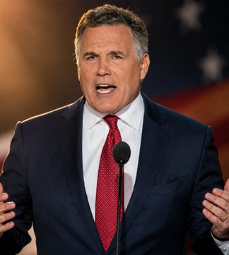 Senator Dave McCormick, dressed in a dark suit with a red tie, speaks passionately at a podium during what appears to be a political event, with his impassioned gesture aligning with the accompanying quote calling for the CLARITY Act to be brought to the Senate floor.