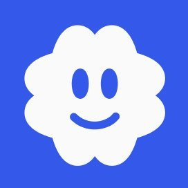 A simple white cloud-shaped smiley face icon on a blue background.