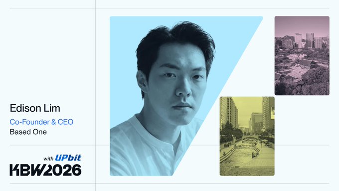 Speaker profile card for Edison Lim, Co-Founder & CEO of Based One, presented at KBW2026 with Upbit, featuring a blue-tinted portrait photo alongside images of urban cityscapes.