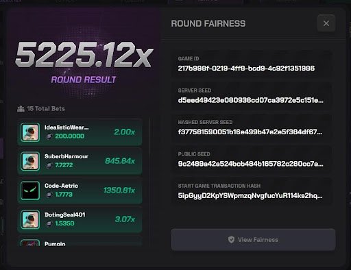 A screenshot of an online game that displays information about the player's score, hash server, and other details related to their performance within the game. The main focus of the screenshot appears to be on a section detailing their round fairness result. This suggests that the player is in the midst of a competitive gaming situation or has recently completed a round of gameplay.