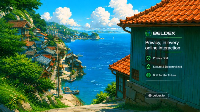 A scenic digital illustration of a coastal village with traditional houses by the sea, featuring an overlay advertisement for 'BELDEX' cryptocurrency with the tagline 'Privacy, in every online interaction' and icons for 'Privacy First', 'Secure & Decentralized', and 'Built for the Future', along with the URL 'beldex.io'.