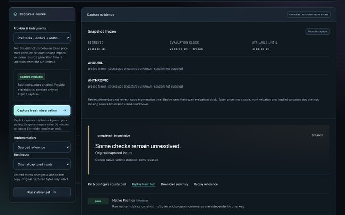 A dark-themed dashboard interface showing capture evidence for a snapshot, with details including timestamp 21:08:43 AM, evaluation clock frozen at 21:08:40 AM, and providers listed as 'ANDURIL' and 'ANTHROPIC', with a note that 'Some checks remain unresolved.'