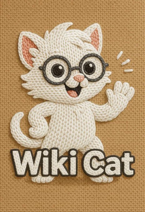 A logo design for 'Wiki Cat' featuring an embroidered white cat character with round glasses and a pink nose waving, set against a textured tan background.