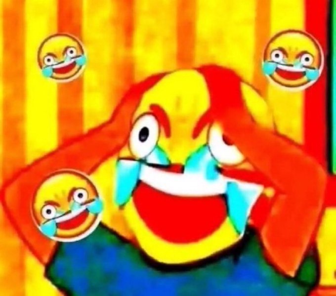 A cartoon character with red hair and a wide, crying-laughing face is surrounded by three smaller laughing-with-tears emojis against a yellow and orange striped background.