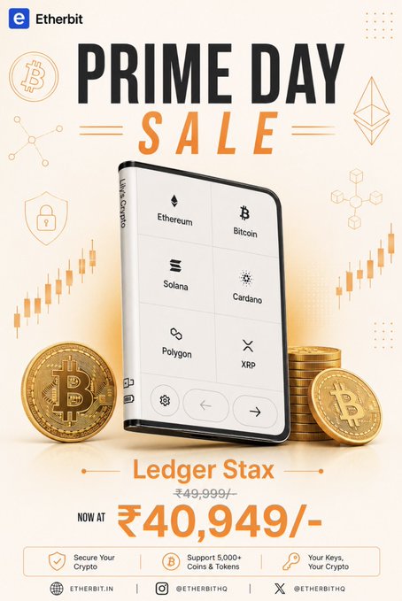 An Etherbit 'Prime Day Sale' advertisement for the Ledger Stax crypto hardware wallet, showing it supports Ethereum, Bitcoin, Solana, Cardano, Polygon, and XRP, priced at ₹40,949/- (down from ₹49,999/-) with over 5,000+ coins & tokens.