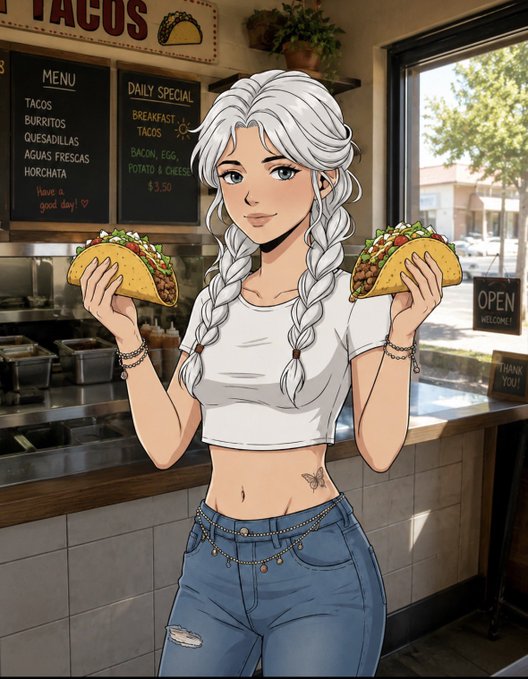 An anime-style illustration of a silver-haired woman with braids holding two tacos inside a Mexican restaurant, with a menu board listing tacos, burritos, quesadillas, aguas frescas, and horchata in the background.