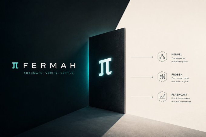A promotional image for FERMAH, displaying its logo with the tagline 'AUTOMATE. VERIFY. SETTLE.' and three feature pillars: KERNEL (always-on operating system), FROBEN (zero human proof execution engine), and FLASHCAST (prediction markets).
