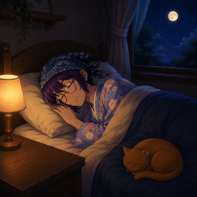 A peacefully sleeping anime girl with purple hair and round glasses rests in bed beside a curled-up orange cat, illuminated by a warm bedside lamp under a starry night sky with a full moon visible through the window. The serene "goodnight" scene perfectly complements the post's message of rest and well-wishes to followers, while also nodding to $ANSEM—a token inspired by a streamer known for his own anime-inspired persona and "goodnight" sign-offs.